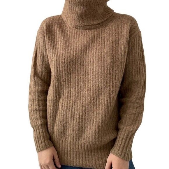 Everlane Womens Alpaca Wool Tan Oversized Turtleneck Ribbed Cozy Sweater Sz XS - Picture 6 of 11